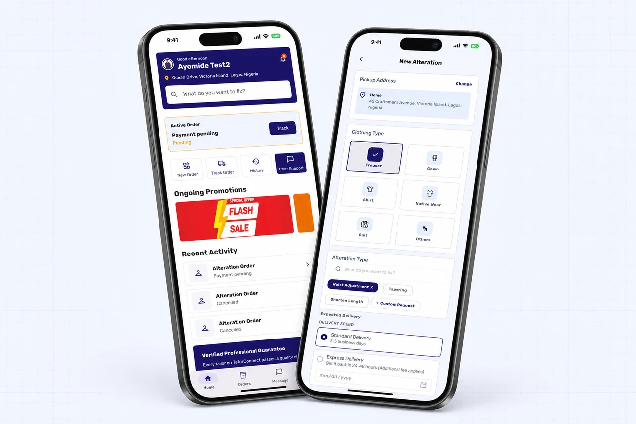 TailorConnect customer dashboard and new alteration screens displayed on two phones